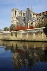 notre dame cathedral in repair reflecting in seine river in the fall