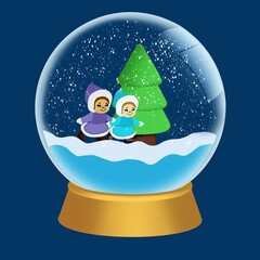 Christmas snow globe with children and a tree.