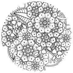 Mehndi flower for henna, mehndi, tattoo, decoration. Decorative ornament in ethnic oriental style, doodle ornament, outline hand draw. Coloring book page.