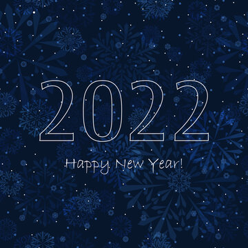 2022 happy new year. white text on blue winter repetitive background with snowflakes. vector illustration. festive template on seamless pattern for greeting card, banner, invitation