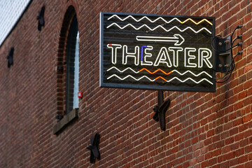 New York, USA - 2021: Theater sign indicating a space used for exhibitions, shows, concerts and...