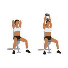 Woman doing Seated tricep press. overhead extensions exercise. Flat vector illustration isolated on white background - obrazy, fototapety, plakaty