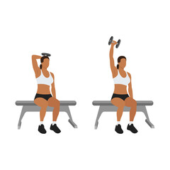 Woman doing Seated Single arm overhead dumbbell tricep extensions exercise. Flat vector illustration isolated on white background - obrazy, fototapety, plakaty