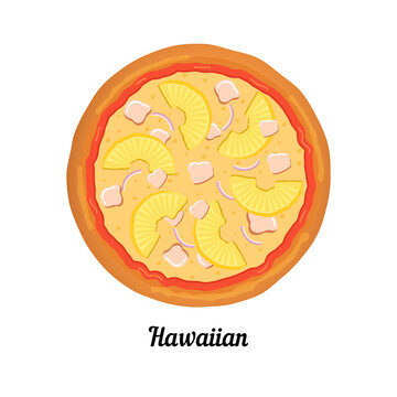 Hawaiian pizza with chicken and pineapple.Top view pizza with various ingredients. Whole pizza with chicken, pineapple and cheese. Italian pizza.