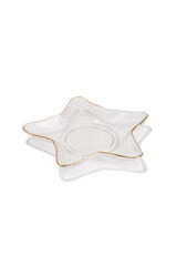 Detailed shot of the glass starfish-shaped salad bowl. Kitchen tableware is transparent and has a relief surface. The salad bowl is isolated on the white background.