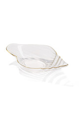 Detailed shot of the glass shell-shaped salad bowl. Kitchen tableware is transparent and has a relief surface. The salad bowl is isolated on the white background.