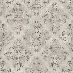 Seamless tan brown grungy tribal neutral rug motif surface pattern design for print. High quality illustration. Distressed bohemian ethnic repeat swatch. Hand drawn diamond damask textile design.