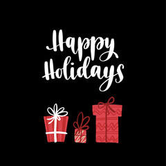 Christmas and New Year quote. Modern lettering and flat hand drawn winter holiday decorative gift boxes.