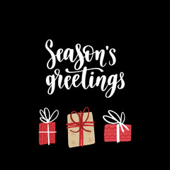 Christmas and New Year quote. Modern lettering and flat hand drawn winter holiday decorative gift boxes.