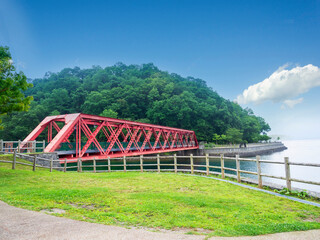 Red Bridge on Lake Shikotsu, Hokkaido, Japan