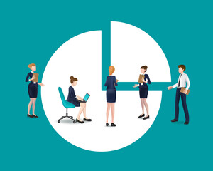 business men and women or students sitting and standing talking and meeting on a pie chart for business and education concept design,vector character 3d on green background