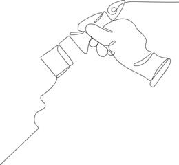 Continuous one line drawing of human hand holds paint brushes with paint can, floor painting, blank space for your text, banner, advertisement or your design minimal outline. Vector illustration