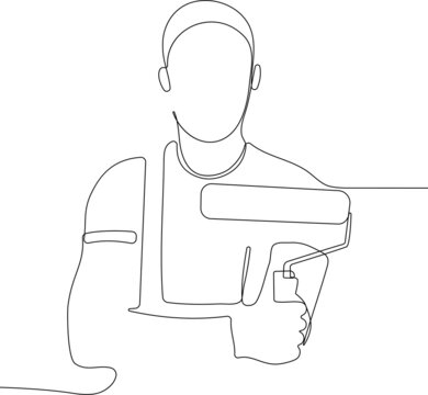 Continuous one line drawing of confident professional male painter in workwear with paint roller for your design minimal outline. Vector illustration
