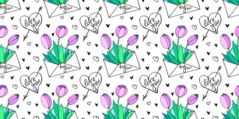 Vector seamless pattern with letter, flowers tulips, hearts and lettering of love theme. Hand drawn texture, background for wrapping paper, textile, greeting card, Valentine's Day.