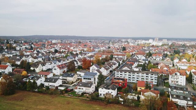 Beautiful German town of Dietzenbach, aerial drone fly forward view