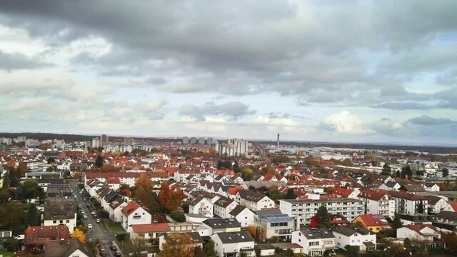 Iconic Germany town with colorful rooftops on cloudy day, aerial drone view, Dietzenbach Germany Europe