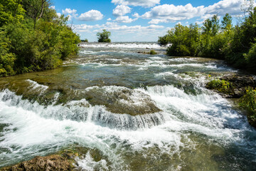 View of Niagara River at Three Sisters Island in Niagara Falls State Park in USA