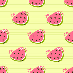 Cute hand drawn seamless pattern of watermelon slice on the striped background. Modern flat illustration.