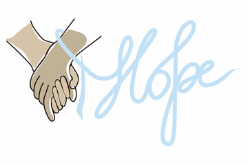 Keep your hands together. AIDS Day. December 1. vector. flat style. Partners' hands together. Ribbon around the wrist transitioning into the inscription Hope.