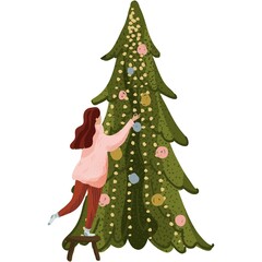 Woman decorate Christmas tree at home vector icon