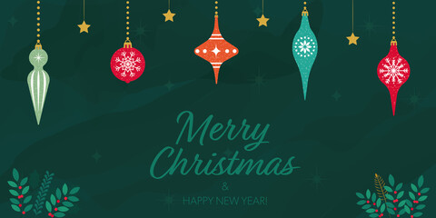 Fondo ilustrado de navidad con esferas y ramas de árbol.