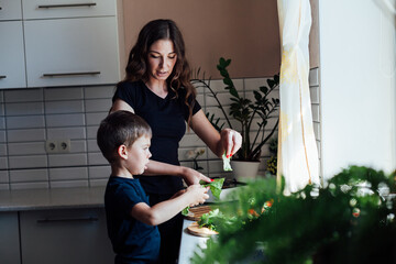 mother and son prepare fresh vegetables for salad at lunch in the kitchen