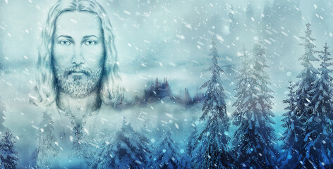 Art of Jesus and beautiful snowy landscape.