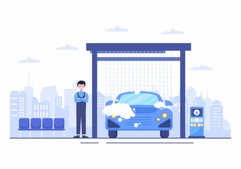 Car Wash Service Flat Design illustration. Workers Washing Automobile Using Sponges Soap and Water for Background, Poster or Banner