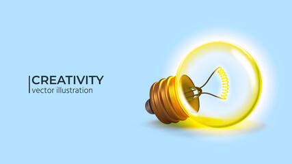Concept creative idea and innovation with glowing light bulb on light blue background. Minimal concept idea. Realistic 3d design vector illustration