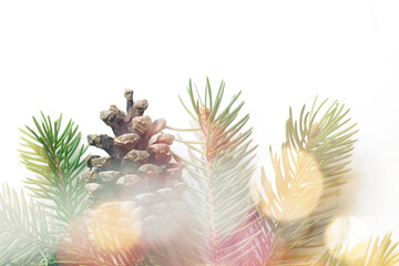 Christmas decoration made of fir branches and pine cones isolated on white background.