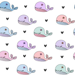 Cute doodle baby whale white seamless pattern minimalist black hand drawn hearts. Summer texture, textiles, children wallpaper.