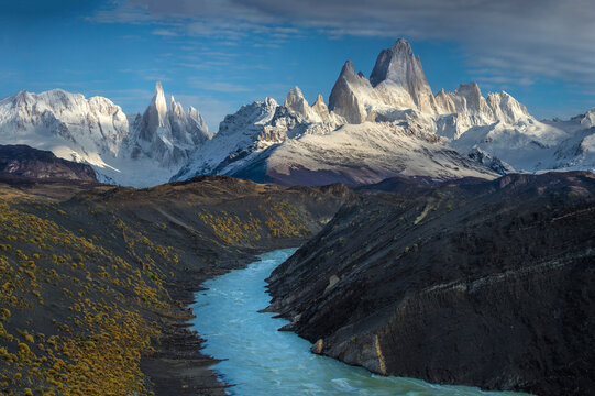 South America, Argentina. Mt. Fitzroy And River At Sunrise. C