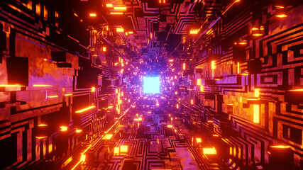 Futuristic Spaceship Interior 4K Glowing Room. Scientific Interior Backdrop. Futuristic HUD Tunnel. Abstract Interior Background Concept. 3D Rendered