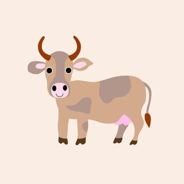 Vector isolated illustration with cute cow in flat simple style on beige background. Cartoon pet, farm. Children's picture, hand-drawn print. Collection of kind, funny, smiling animals.