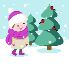 vector winter christmas illustration boy and bullfinches