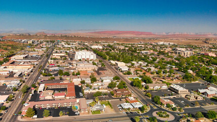 Fototapeta premium ST GEORGE, NV - JULY 15, 2019: Aerial view of St George skyline in summer season