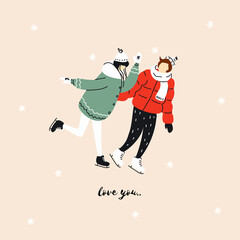 A Christmas card with a couple in love on skates in a flat style. Love you. Doodle, a hand-drawn illustration. Vector.