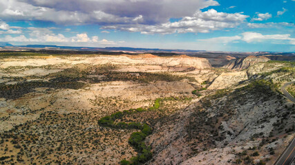 Drone aerial view of beautiful road across the canyon