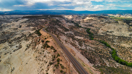 Drone aerial view of beautiful road across the canyon