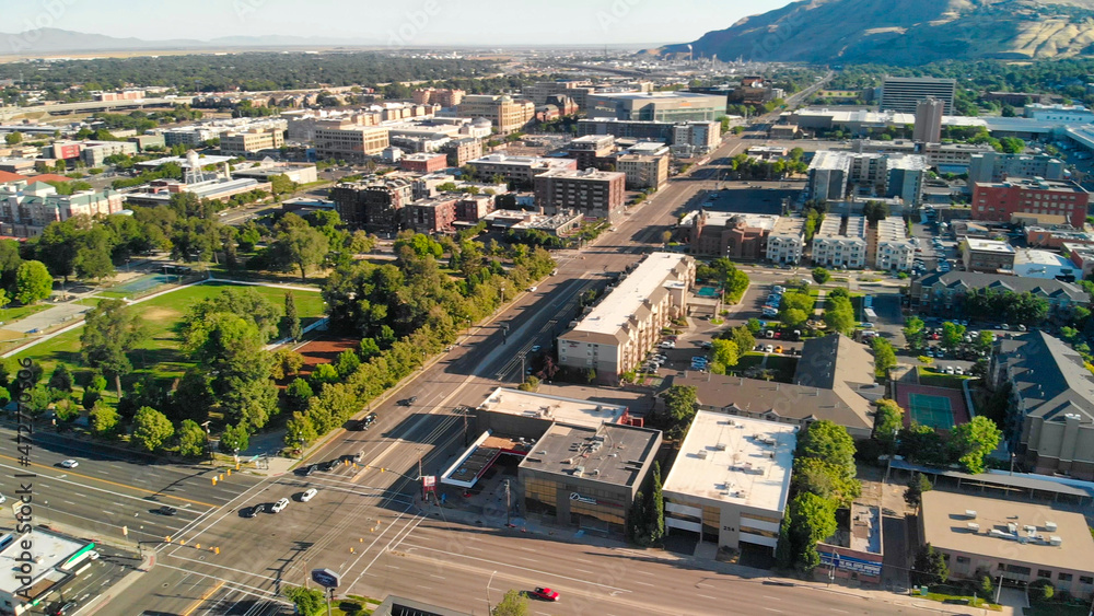 Sticker salt lake city, ut - july 12, 2019: aerial skyline on a sunny day, utah from drone