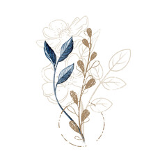 Gold and blue watercolor creative floral composition