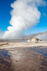 Chile, San Pedro de Atacama, Tatio Geysers. Rising steam from a geyser is reflected in the water runoff from the various fumaroles.