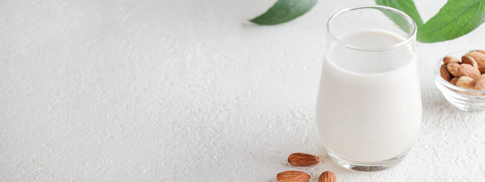 Vegan almond milk in glass with nuts and green plant on white background. Healthy vegetarian food. selective focus. Non dairy alternative milk. banner