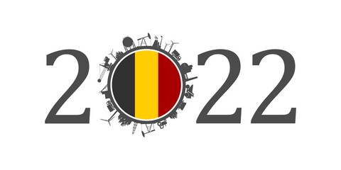 2022 year number with industrial icons around zero digit. Flag of Belgium.