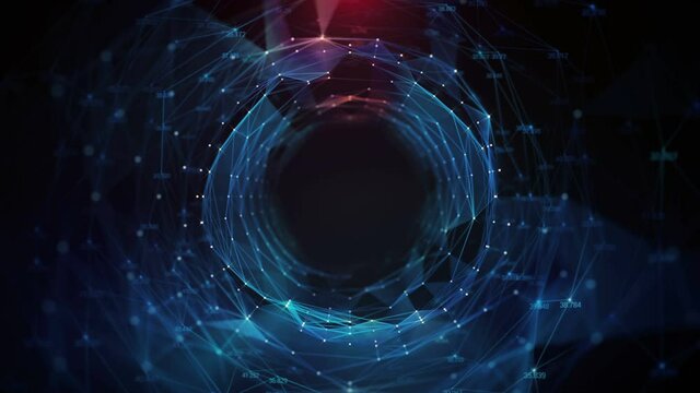 Looping Plexus technological digital Tunnel lines and dots connection Hi speed internet, transfering data NFT HUD.Titles and logo template.Seamless digital Plexus Tunnel zoom in animation.Type 2