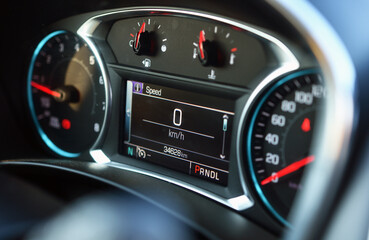 Close up of a speedometer of a modern car. 