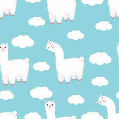 Seamless pattern with funny llama and clouds on a blue background. Vector illustration suitable for baby texture, textile, fabric, poster, greeting card, decor. Cute alpaca from Peru. © Irina Anashkevich