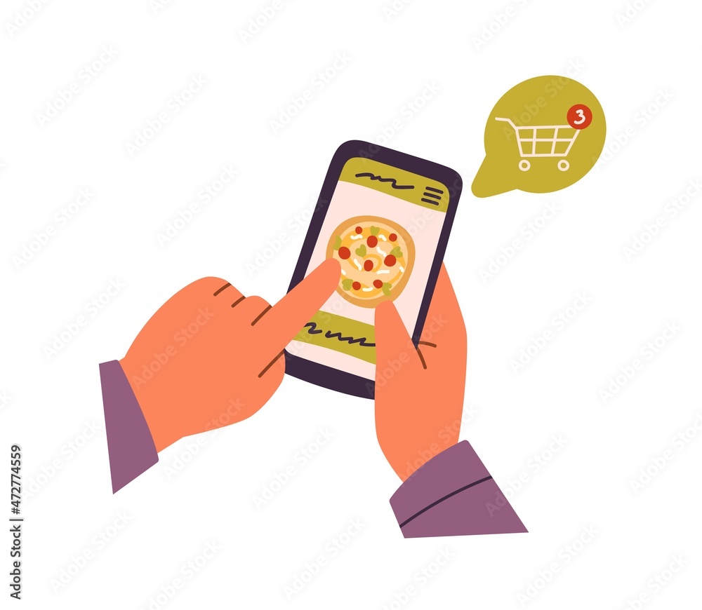 Aufkleber Ordering food through internet with mobile app. Hands with phone choosing pizza in delivery service application, putting it into online basket. Flat vector illustration isolated on white background