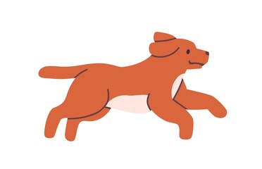 Cute happy dog running. Playful puppy walking. Little pup in motion. Active canine animal. Cheerful doggy. Colored flat vector illustration of lovely pet isolated on white background