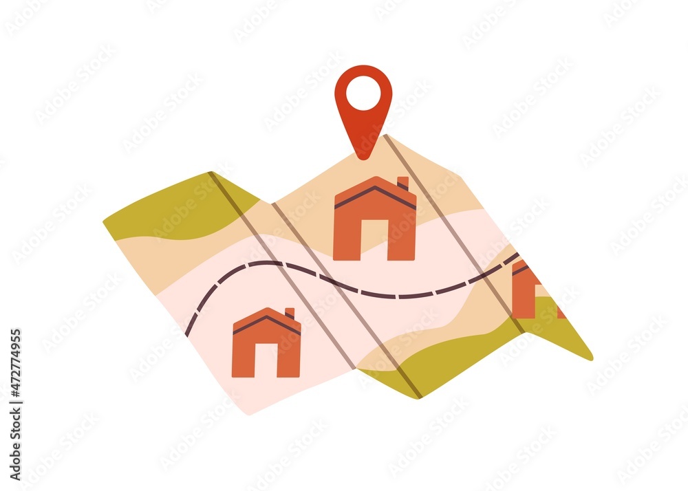 Poster Route and locations marked with pin on paper city map. GPS navigator with pointer on place of destination and path. Navigation concept. Flat vector illustration isolated on white background